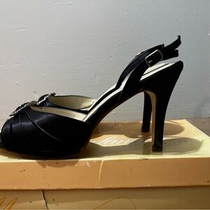 Michaelangelo Black Satin Slingback Heels with Embellished Accent